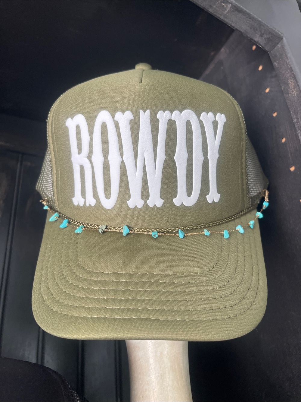 OTTO Olive Green "ROWDY" Trucker Hat with Turquoise Bead Chain